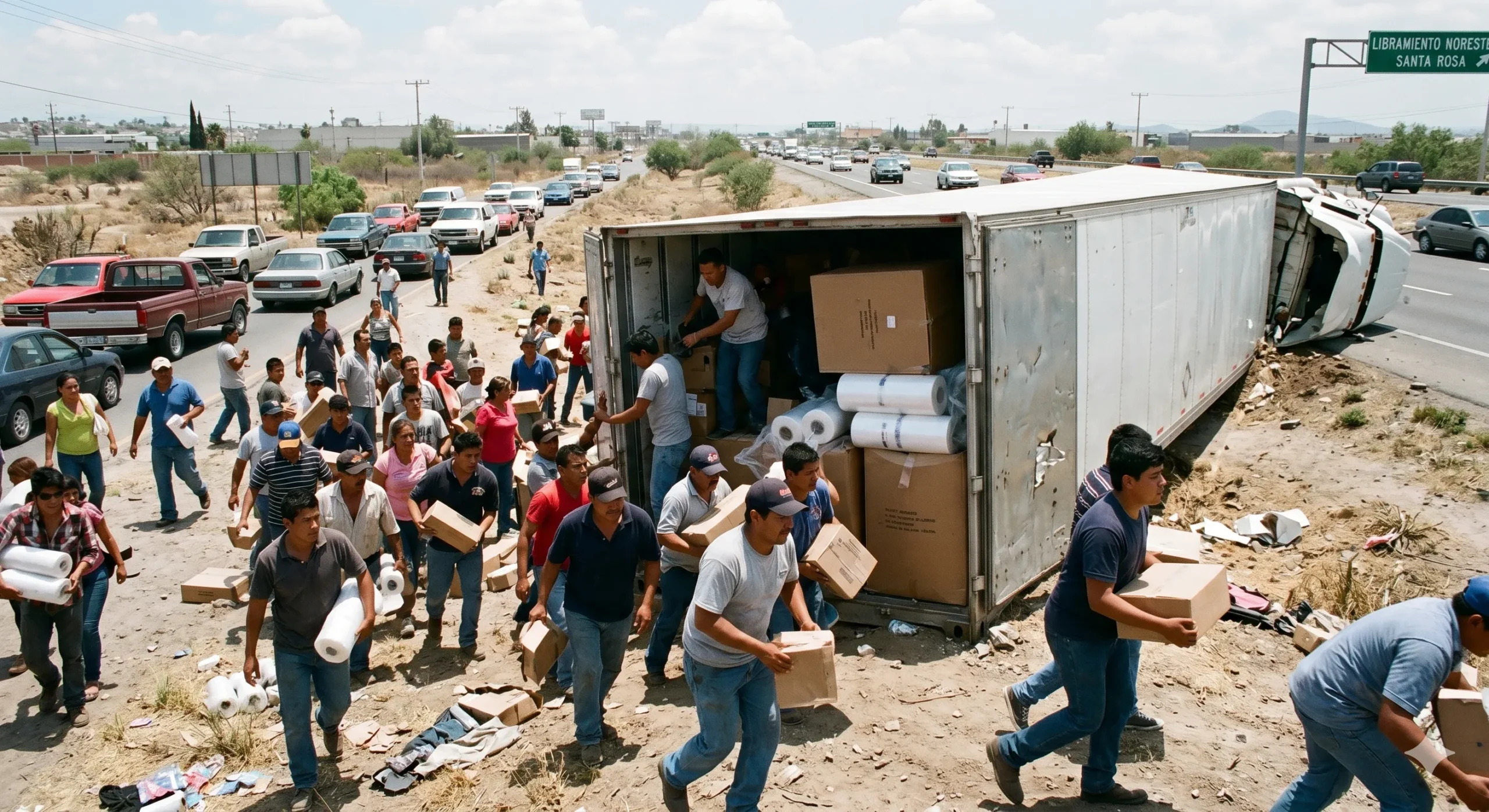 ¡Rapiña exprés! Pelan tráiler volcado en Santa Rosa