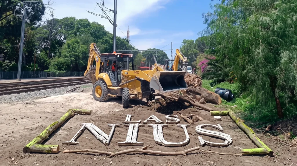 Árbol talado con vías de tren de fondo
