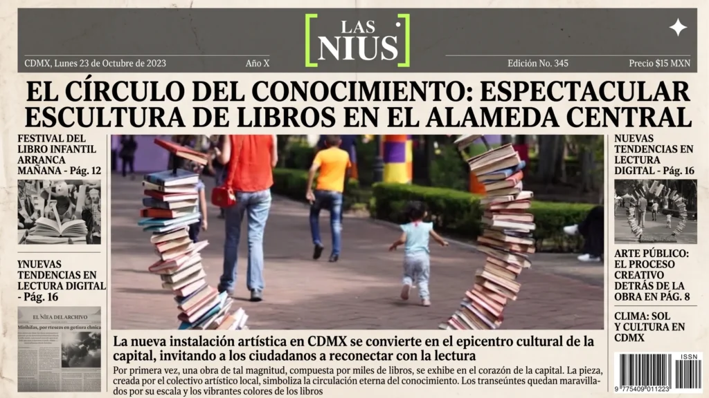 Portada de periódico ficticia sobre una escultura hecha de libros en un parque