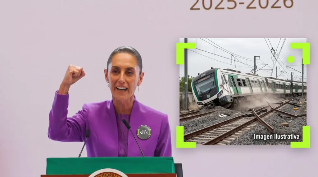 Claudia Sheinbaum en el podio durante su informe, con imagen ilustrativa de un tren descarrilado de fondo