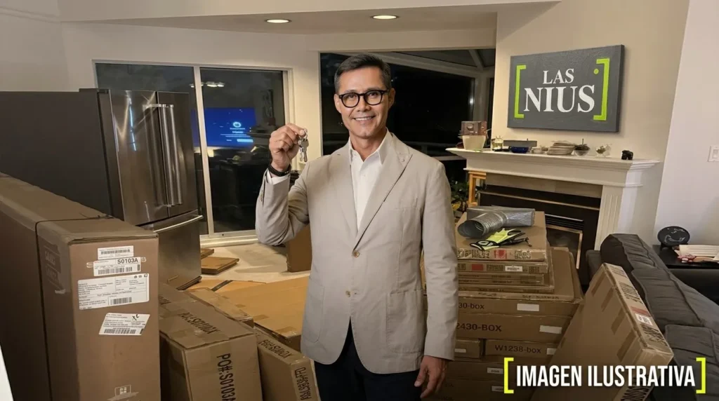 Hombre sonriente sosteniendo llaves de una casa nueva rodeado de cajas de mudanza (imagen ilustrativa)