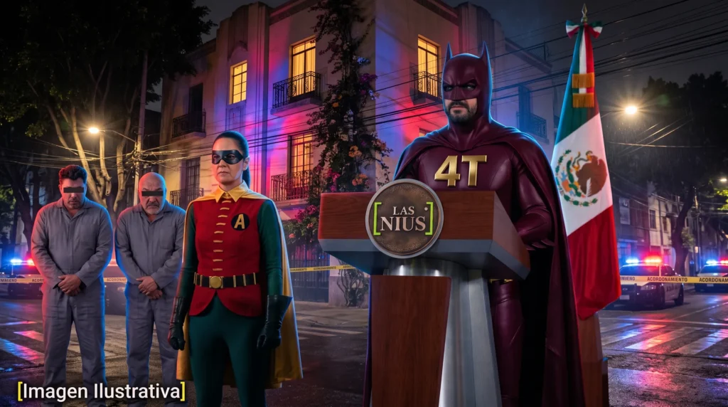 Ilustración satírica de figuras disfrazadas de Batman y Robin en un podio con bandera de México, ante una escena nocturna con patrullas