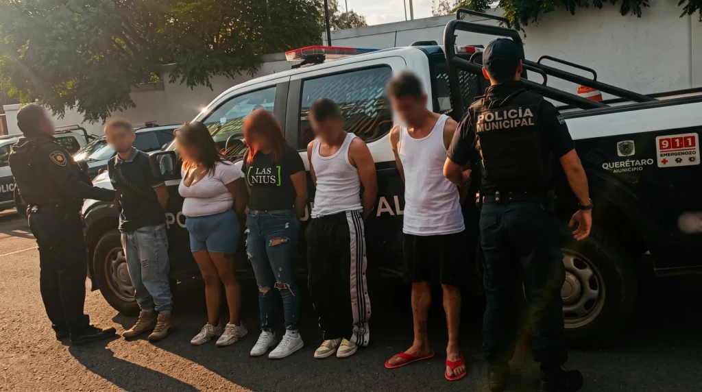 Grupo de personas detenidas junto a una patrulla en Querétaro