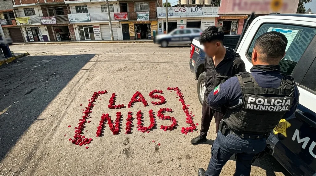 Policías municipales junto a una patrulla, con el logo de Las Nius formado con pétalos de flores en el pavimento