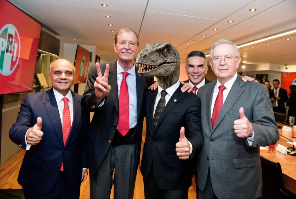 Dirigentes del PRI posando en grupo con señas de triunfo, uno de ellos con máscara de dinosaurio