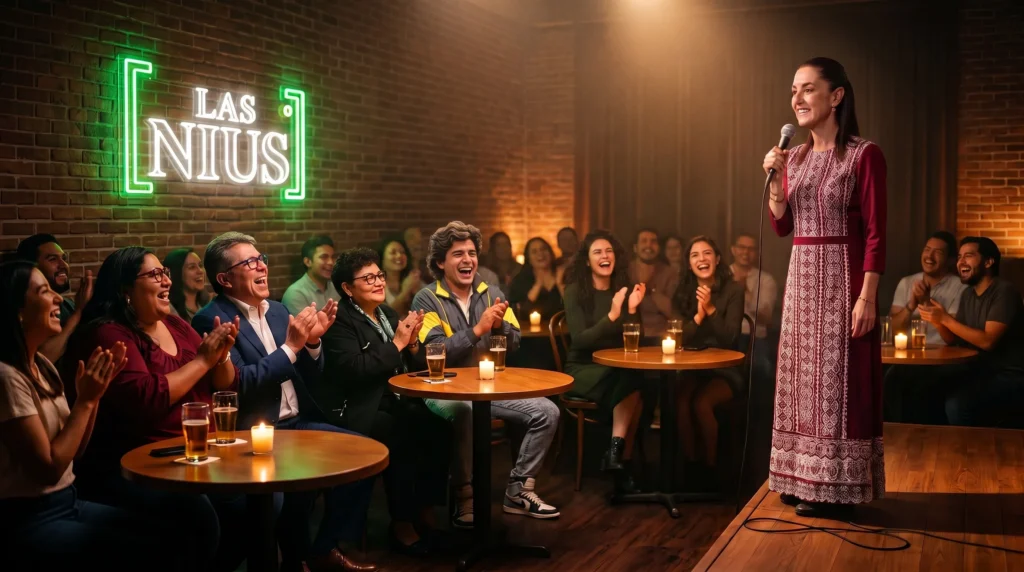 Escenario de stand-up con público riendo, ilustrando el show de la mañanera de Palacio Nacional