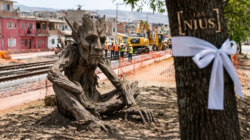 Escultura de un árbol tallado con forma de rostro, atada con listón blanco frente a obras de construcción del tren