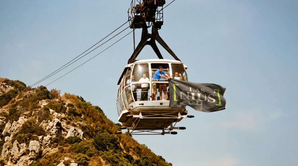 Góndola de teleférico suspendida sobre un cerro, con bandera de Las Nius