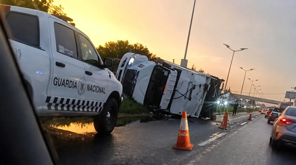 Camión de basura volcado tras un choque en Sonterra, Querétaro